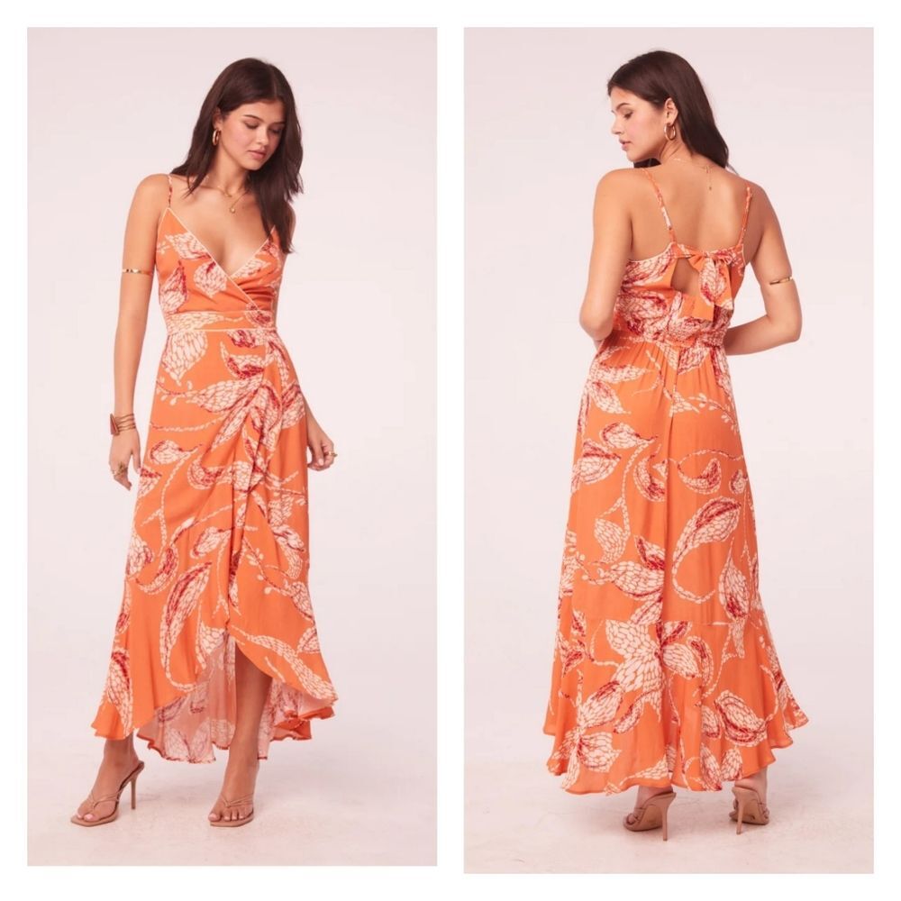 Band of the Free Clay Sand Spaghetti Strap Faux Wrap Hi-Lo Ruffle Hem Maxi Dress